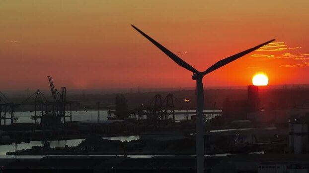 Aerial view of Tilbury Docks at sunset United Kingdom.