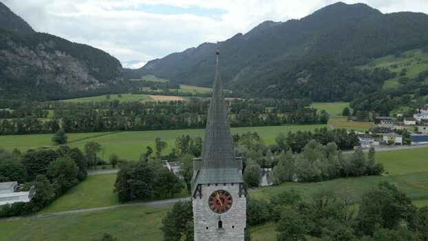 Aerial view of church tower in the valley Liechtenstein.