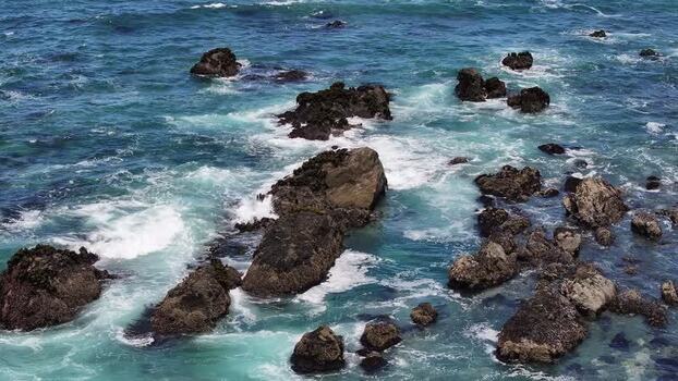 Aerial view of rocky coastline in Fort Bragg United States.