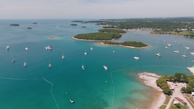 Aerial view of Vrsar coastline and boats Croatia.