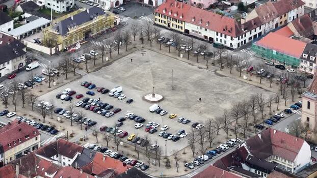 Aerial view of buildings and parking lots France.