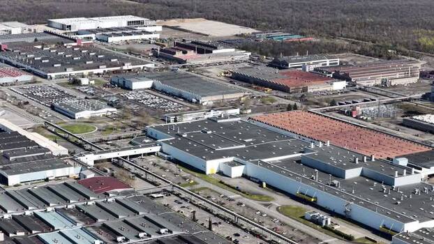 Aerial view of industrial buildings and roads France.