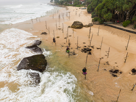 Aerial view of stilt fishermen sitting on wooden poles along the sandy shoreline with crashing waves and lush tropical trees Koggala Southern Province Sri Lanka. Aerial view of stilt fishermen sitting on wooden poles along the sandy shoreline with crashing waves and lush tropical trees Koggala Southern Province Sri Lanka.