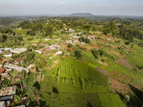 Aerial view of green tea fields interlace with red soil farms and clustered dwellings under the vast African sky Nyeri Nyeri Kenya. Aerial view of green tea fields interlace with red soil farms and clustered dwellings under the vast African sky Nyeri Nyeri Kenya.