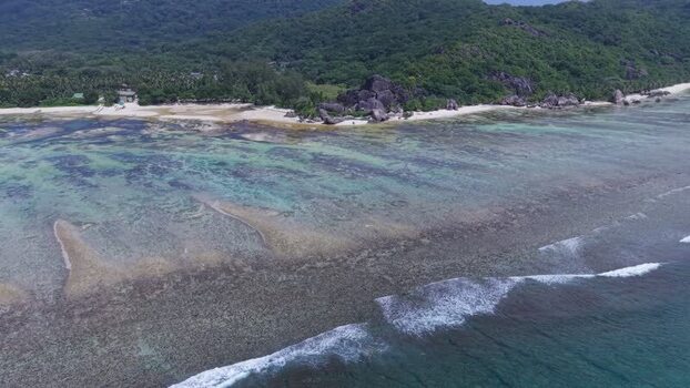 Aerial view of Anse Reunion beach in La Digue Seychelles.