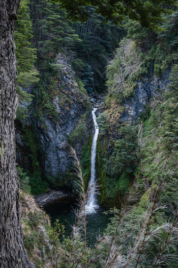 View of Waterfall Rio Bonito cascading down a rocky canyon surrounded by dense forest and lush vegetation in Los Lagos Department Neuquen Province Argentina. View of Waterfall Rio Bonito cascading down a rocky canyon surrounded by dense forest and lush vegetation in Los Lagos Department Neuquen Province Argentina.