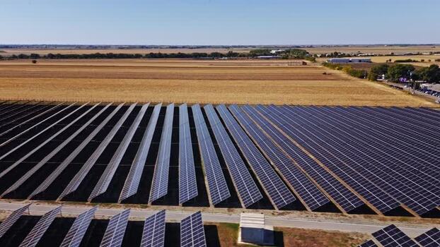 Aerial view of solar panels in a photovoltaic power plant Serbia.