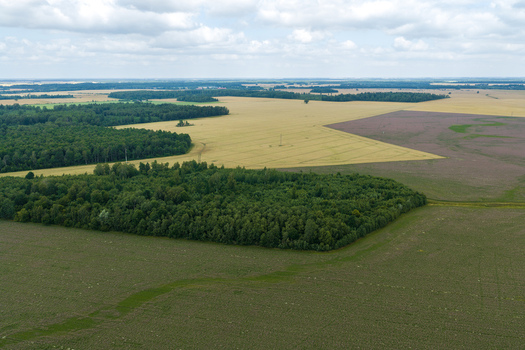 Aerial view of agricultural fields patches of forest and meadows under a cloudy sky in Lithuania. Aerial view of agricultural fields patches of forest and meadows under a cloudy sky in Lithuania.