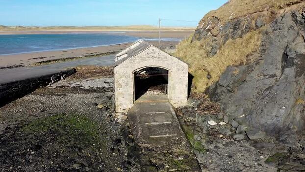Aerial view of stone boat house at Ballyness Bay Ireland. Aerial view of stone boat house at Ballyness Bay Ireland.