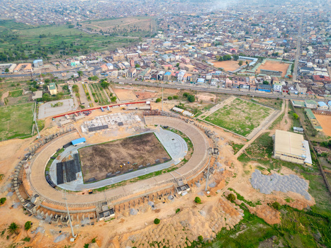 Kaduna Nigeria 13 May 2026 Aerial view of Ahmadu Bello Stadium under renovation with construction materials and surrounding urban cityscape. Kaduna Nigeria 13 May 2026 Aerial view of Ahmadu Bello Stadium under renovation with construction materials and surrounding urban cityscape.