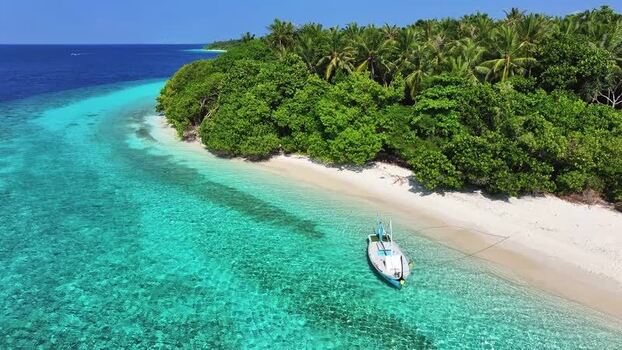 Aerial view of a boat by a white sand beach and palm trees Maldives. Aerial view of a boat by a white sand beach and palm trees Maldives.