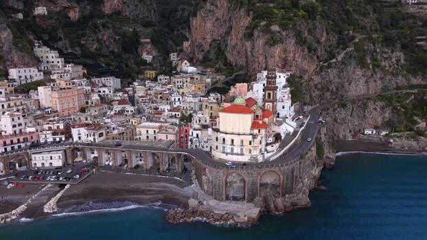 Aerial view of Atrani cityscape and Amalfi Coast Italy.