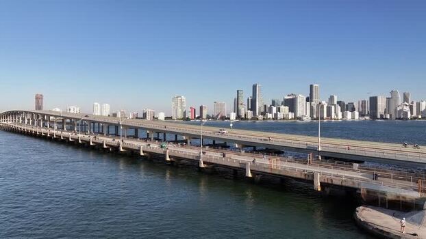 Aerial view of Miami skyline at Rickenbacker Causeway Florida United States.
