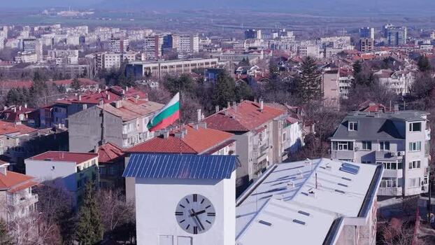 Aerial view of the clock tower in Shumen Bulgaria.