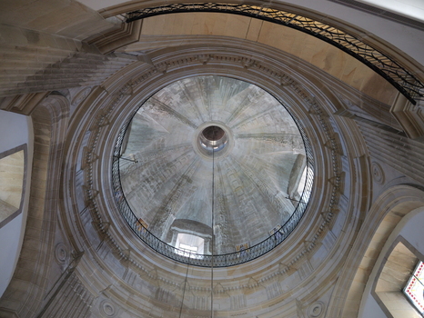 View of the ornate stone dome of the Santuario de la Virgen Peregrina with its circular balcony and architectural details in Pontevedra Pontevedra Spain.