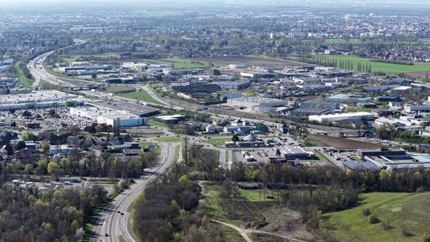 Aerial view of roads and buildings France.