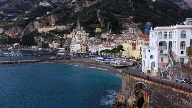 Aerial view of Amalfi city buildings Italy.