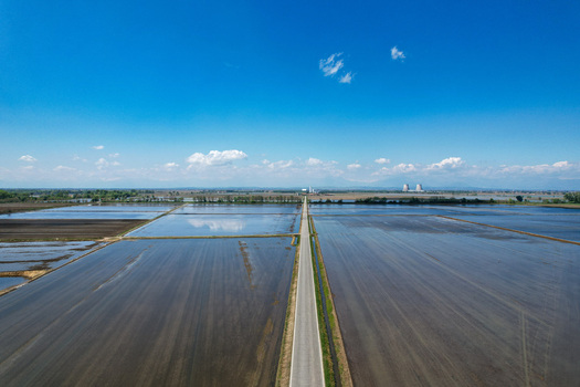 Aerial view of flooded rice fields divided by a long straight road under a clear blue sky with cooling towers in the distance Trino Piemonte Italy.