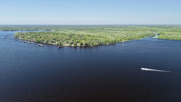 Aerial view of Sixmile Creek featuring lush green forests private docks along the shoreline and a boat on the water in St. Johns County Florida United States.