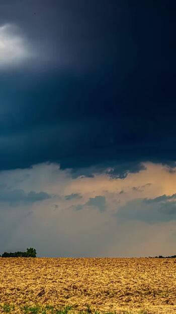 View of a plowed field under a dark stormy sky in Latvia. View of a plowed field under a dark stormy sky in Latvia.