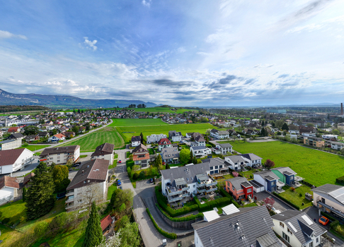 Aerial view of a residential neighborhood with modern houses lush green fields and distant mountains under a bright sky in Biberist Solothurn Switzerland. Aerial view of a residential neighborhood with modern houses lush green fields and distant mountains under a bright sky in Biberist Solothurn Switzerland.