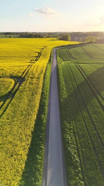 Aerial view of a road through rapeseed fields Germany.
