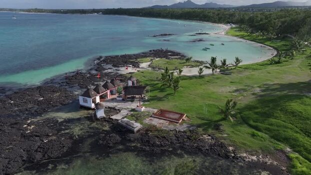 Aerial view of Belle Mare Beach in Quatre Cocos Mauritius.