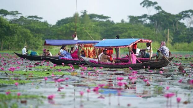 View of people in boats on a water lily pond in Barishal Bangladesh. View of people in boats on a water lily pond in Barishal Bangladesh.