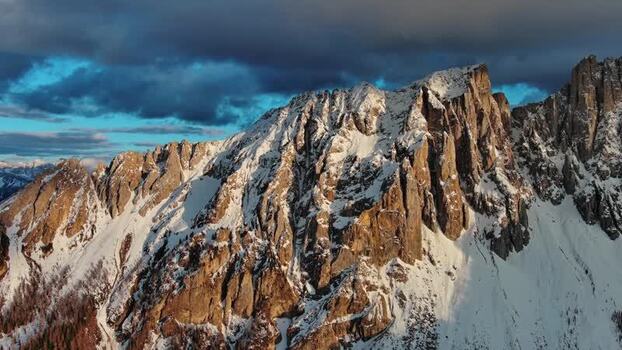 Aerial view of Dolomite Mountains in Canazei Italy.