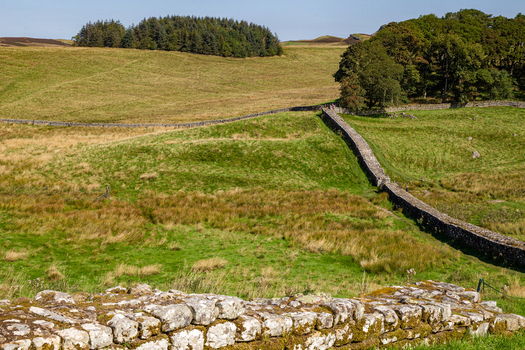 View of the ancient stone walls at Vindolanda archaeological site across rolling green hills and lush pastures under a clear blue sky Hexham England United Kingdom. View of the ancient stone walls at Vindolanda archaeological site across rolling green hills and lush pastures under a clear blue sky Hexham England United Kingdom.