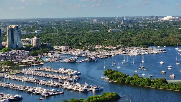 Aerial view of marina and high rise buildings United States.