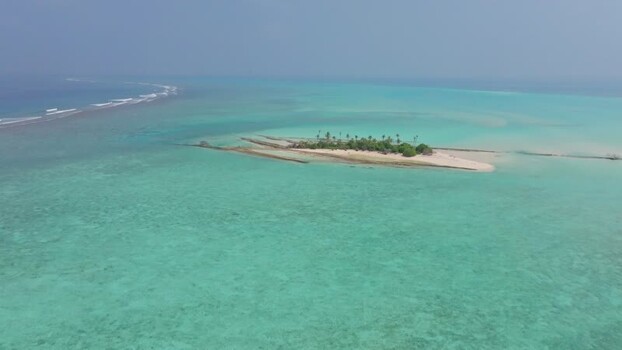 Aerial view of island with palms and clear water Maldives.