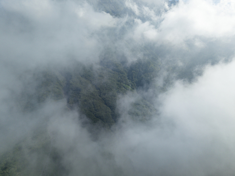 Aerial view of the misty slopes of Mount Merapi covered in lush green forest and thick white clouds in Kecamatan Cangkringan Daerah Istimewa Yogya Indonesia. Aerial view of the misty slopes of Mount Merapi covered in lush green forest and thick white clouds in Kecamatan Cangkringan Daerah Istimewa Yogya Indonesia.