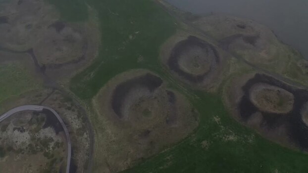 Aerial view of Skutustadagigar pseudocraters Iceland.