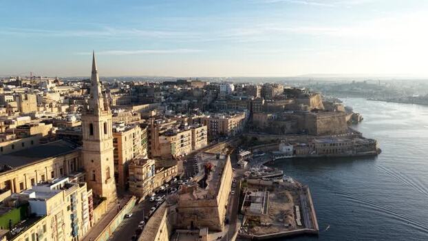 Aerial view of the historic skyline and harbor in Valletta Malta.