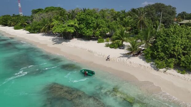 Aerial view of a tropical beach with palm trees and a boat Maldives. Aerial view of a tropical beach with palm trees and a boat Maldives.