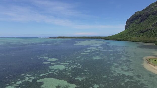 Aerial view of Le Morne Brabant and turquoise lagoon Mauritius.