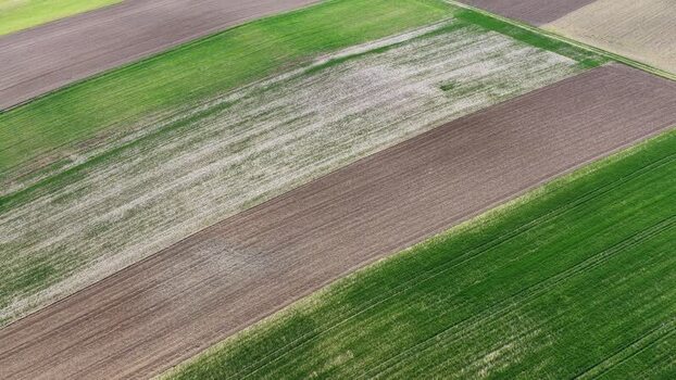 Aerial view of agricultural fields France.