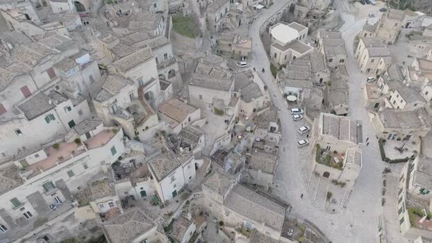 Aerial view of Sassi di Matera stone buildings Italy.