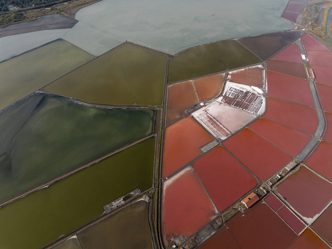 Aerial view of the colorful salt pans in Pomorie featuring vibrant red and green evaporation ponds separated by narrow paths in Pomorie Burgas Bulgaria. Aerial view of the colorful salt pans in Pomorie featuring vibrant red and green evaporation ponds separated by narrow paths in Pomorie Burgas Bulgaria.