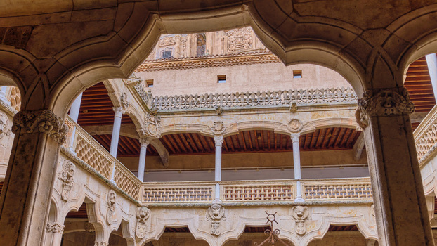 Salamanca Spain 29 November 2025 View of the ornate inner courtyard of the Casa de las Conchas with its Plateresque stone arches and intricate carvings.
