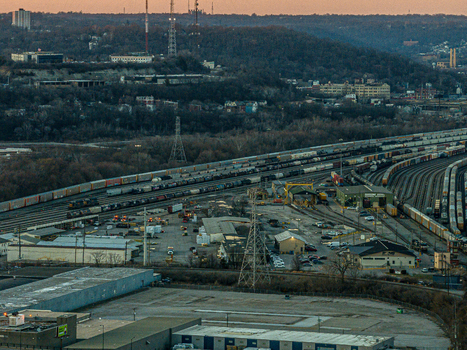 Cincinnati United States 27 February 2026 Aerial view of a sprawling railyard a symphony of steel and shadow under the fading twilight where lines converge and diverge. Cincinnati United States 27 February 2026 Aerial view of a sprawling railyard a symphony of steel and shadow under the fading twilight where lines converge and diverge.