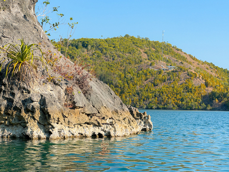 View of Piaynemo karst rock formation rising from the turquoise water with lush green hills in the background in Raja Ampat Papua Barat Indonesia.