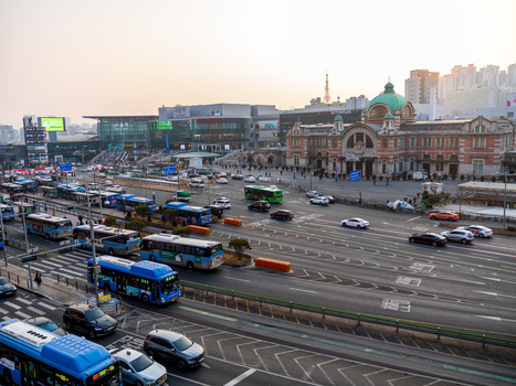 Seoul South Korea 21 February 2026 Aerial view of Seoul Station with busy traffic numerous buses and urban infrastructure during the golden hour. Seoul South Korea 21 February 2026 Aerial view of Seoul Station with busy traffic numerous buses and urban infrastructure during the golden hour.