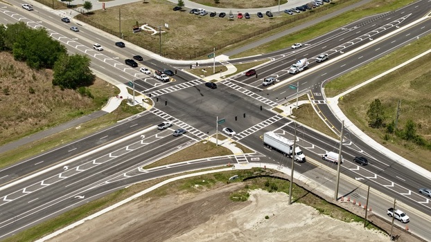 Aerial view of the intersection of Foundry Lane and a multi lane highway with vehicles and road markings World Golf Village Florida United States.