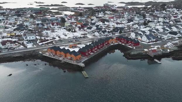 Aerial view of colorful houses in Ballstad Norway.