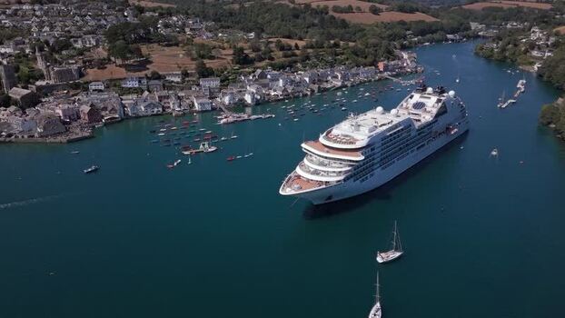 Aerial view of cruise ship in Fowey river United Kingdom. Aerial view of cruise ship in Fowey river United Kingdom.