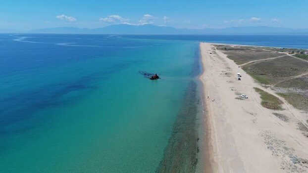 Aerial view of the Shipwreck Epanomi and sandy beach Greece.