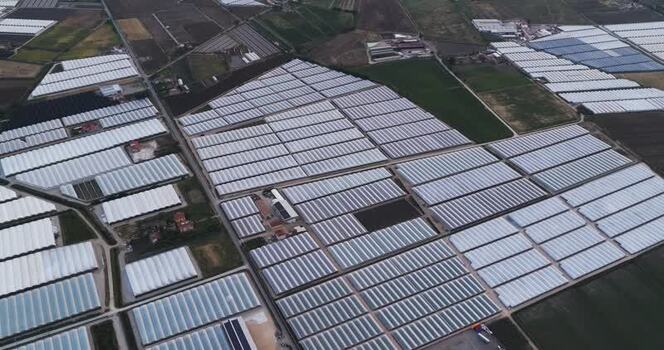 Aerial view of vast greenhouse complexes in Paestum Italy.