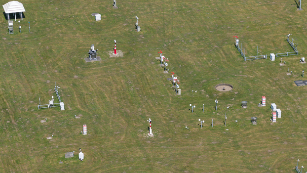 Aerial view of the KNMI meteorological measurement field with various weather sensors and instruments on a green lawn in De Bilt Utrecht Netherlands. Aerial view of the KNMI meteorological measurement field with various weather sensors and instruments on a green lawn in De Bilt Utrecht Netherlands.